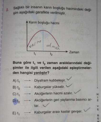 2.
Sağlıklı bir insanın karın boşluğu hacmindeki deği-
şim aşağıdaki garafikte verilmiştir.
Karın boşluğu hacmi
A) t₁
B) 1₂
C) t₁
D) 1₂
vel me
E) t₁
t₁
Buna göre t₁ ve t₂ zaman aralıklarındaki deği-
şimler ile ilgili verilen aşağıdaki eşleştirmeler-
den ha