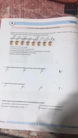 A
ER LGS-1
15, 16 ve 17. soruları aşağıdaki bilgilere göre yanıtlayınız.
Çiçekleri çok seven Öznur Hanım balkonuna yan yana sekiz adet saksı koymuştur. Saksılara menekşe, orkide, yasemin,
sardunya, deve dikeni, antarium, akasya ve akşamsefası yerleştirmiştir.
of
Bu bitkilerin yerleşimiyle
clum
16. Akasya kaç numaralı saksıdadır?
A) 1
B) 3
sunlar bilinmekted
I s
Haploss
3
• Menekşe ile orkide yan yanadır.
• 7 numaralı saksıda yasemin bulunmaktadır.
• Deve dikeninin bulunduğu saksi antorium ile akşamsefasının arasındadır.
• 5 numaralı saksıda akşamsefası bulunmaktadır.
• Sardunya, yaseminin sağında değildir.
Sardunya
ipsemin
5
15. Verilen bilgilere göre kaç bitkinin yeri kesin olarak belli değildir?
A 1
2
C) 3
7. Verilen bilgilere göre aşağıdakilerden hangisi kesinlikle yanlıştır?
Aj Menekşe 1 ya da 2 numaralı saksıdadır.
C) Orkide 2 numaralı saksıda olabilir.
6
fo
shoes
4
8
8
TÜRKÇE
B) Sardunya 6 numaralı saksıdadır.
Antarium 4 numaralı saksıdadır.
Diğer sayfaya geç