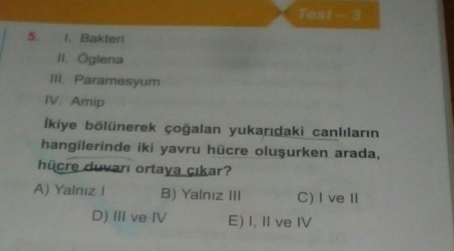 1. Bakteri
II. Öglena
III. Paramesyum
IV. Amip
Test - 3
İkiye bölünerek çoğalan yukarıdaki canlıların
hangilerinde iki yavru hücre oluşurken arada,
hücre duvarı ortaya çıkar?
A) Yalnız I
B) Yalnız III
D) III ve IV
C) I ve II
E) I, II ve IV
