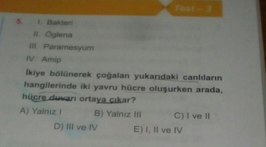 1. Bakteri
II. Öglena
III. Paramesyum
IV. Amip
Test - 3
İkiye bölünerek çoğalan yukarıdaki canlıların
hangilerinde iki yavru hücre oluşurken arada,
hücre duvarı ortaya çıkar?
A) Yalnız I
B) Yalnız III
D) III ve IV
C) I ve II
E) I, II ve IV