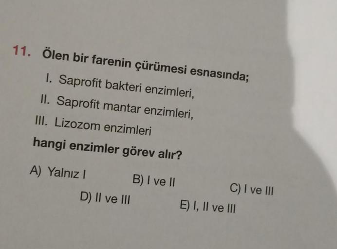 11. Ölen bir farenin çürümesi esnasında;
1. Saprofit bakteri enzimleri,
II. Saprofit mantar enzimleri,
III. Lizozom enzimleri
hangi enzimler görev alır?
A) Yalnız I
D) II ve III
B) I ve II
C) I ve III
E) I, II ve III