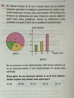 20. Bir telefon firması A, B ve C olmak üzere üç tür telefon
üreterek satmakta ve sattığı bu telefonların bir kısmı müş-
teriler tarafından firmaya iade edilmektedir. Bir ay boyunca
firmanın bu telefonlara ait satış miktarının sayıca dağılımı
şekil-1'deki daire grafiğinde, satılan bu telefonların iade
yüzdeleri ise şekil-2'deki sütun grafiğinde gösterilmiştir.
lade yüzdesi
A
C
B
Şekil-1
13
75
A B C
Telefon türü
Şekil-2
Bu ay boyunca A türü telefonlardan 200 tanesi satılmış ve
bu ay boyunca satılan C türü telefonlardan 91 tanesi iade
edilmiştir.
Buna göre, bu ay boyunca satılan A ve B türü telefon-
lardan toplam kaç tanesi iade edilmiştir?
A) 52
B) 62
C) 72
D) 31
E) 41