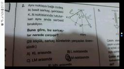 Q%26 21:17
2. Aynı noktaya bağlı özdeş
iki basit sarkaç, şekildeki
K. N noktalannda tutulur- K
ken aynı anda serbest
bırakılıyor.
Buna göre, bu sarkaç-
lar nerede çarpışır?
(28 küçük, sarkaç kürelerinin yançaplan önem-
sizdir.)
A) KL arasında
C) LM arasında
dugey
B) L noktasında
M noktasında
MN arasinda
5.
F000000
Çekim alan
yayın ucuna
m kütleli ci
sıyla saini
Çekim al
frakansia
dir?