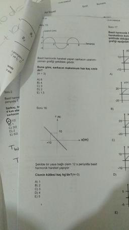 +10
gezegen
C'ye t₂. C
sinda
ara
Soru 2.
Basit harmo
periyodu T
Sarkaç, br
4 katı ela
sarkacın
1/2
C) 3/2
D) 2
E) 5/2
S₂
Tba
T
S
130
voru 15
4
0
Ad Soyad
4
A) 6
B) 4
Uzanim (cm)
C) 3
D) 2
E) 1,5
3
Soru 16:
CAM Materya
Basit harmonik hareket yapan sarkacın uzanım-
zaman grafiği şekildeki gibidir.
-10
f
Buna göre, sarkacın maksimum hızı kaç cm/s
dir?
(TT= 3)
Sinif
F (N)
4
Zaman(s)
10
Numara:
-x(m)
Şekilde bir yaya bağlı cisim 12 s periyotla basit
harmonik hareket yapıyor.
Cismin kütlesi kaç kg'dır? (1-3)
A) 1
B) 2
C) 3
D) 4
E) 5
UXUM Materya
Soru 17:
Basit harmonik h
hareketlinin kons
şeklinde olduğur
grafiği aşağıdaki
A)
B)
C)
10
-10-
20-
D)
-20-
E)
20-
-20
yim)
10-
y(
-10-
y
y
****
5-
-5-