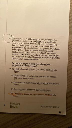 5
10. Deve kuşu, aksini söyleyenler de olsa, düşmanından
saklanmak için başını kuma gömmez. O, ayakları ile
düşmana şiddetli tekmeler atar. Çok korktuğunda başını
karnının altına çekmesi ve uyurken kumun üzerine
koymasından bu söz söylenmiş olsa gerektir. 