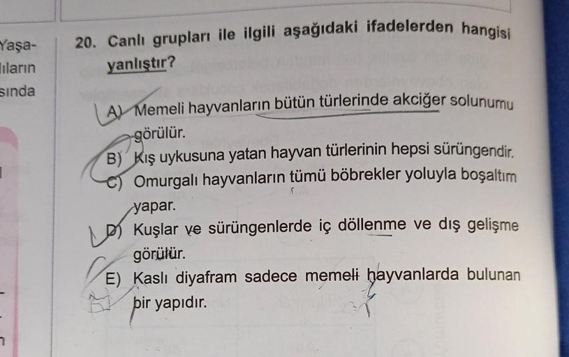 Yaşa-
lıların
sında
1
20. Canlı grupları ile ilgili aşağıdaki ifadelerden hangisi
yanlıştır?
A Memeli hayvanların bütün türlerinde akciğer solunumu
görülür.
B) Kış uykusuna yatan hayvan türlerinin hepsi sürüngendir.
Omurgalı hayvanların tümü böbrekler yolu