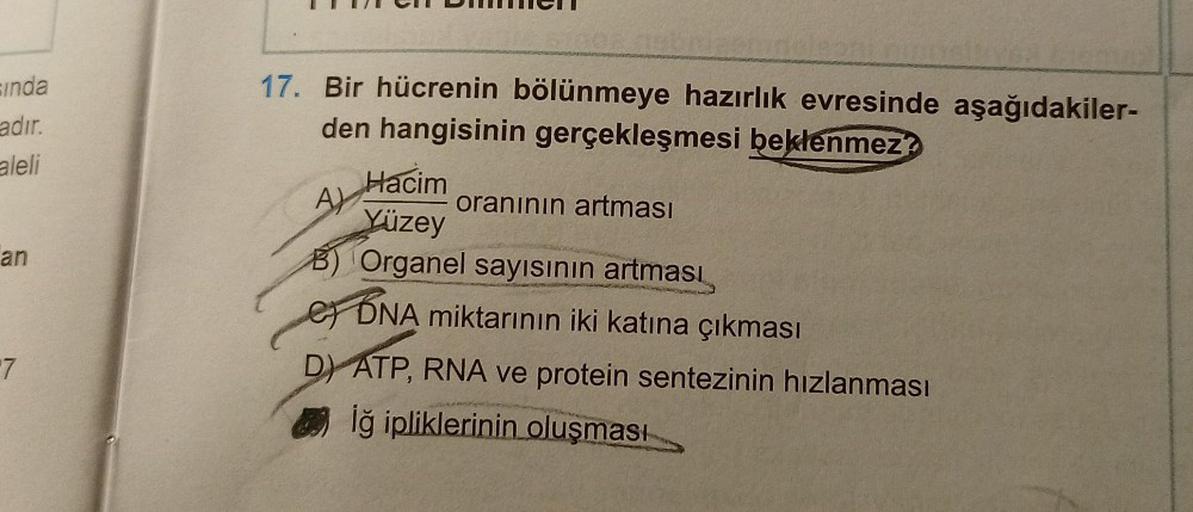 sinda
adır.
aleli
an
7
17. Bir hücrenin bölünmeye hazırlık evresinde aşağıdakiler-
den hangisinin gerçekleşmesi beklenmez?
Hacim
AY
oranının artması
Yüzey
B) Organel sayısının artması
DNA miktarının iki katına çıkması
D) ATP, RNA ve protein sentezinin hızl