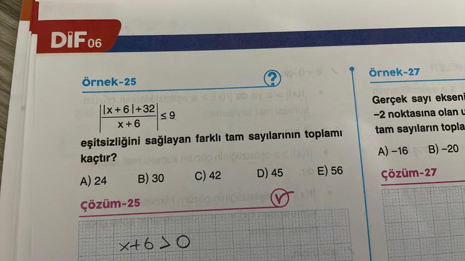 DIF 06
Örnek-25
02 in
x+6 +32
x+6
≤9
B) 30
(x))) sb
t
x+60
eşitsizliğini sağlayan farklı tam sayılarının toplamı
kaçtır?
A) 24
Çözüm-25
C) 42
LOSSN
D) 45
(x)
bE) 56
örnek-27
Gerçek sayı ekseni
-2 noktasına olan u
tam sayıların topla
A) -16
B)-20
Çözüm-27