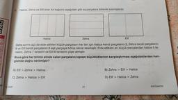 NIF
4.
6. SINIF
Hatice, Zehra ve Elif birer A4 kağıdını aşağıdaki gibi eş parçalara bölerek kesmişlerdir.
Hatice
Zehra
Daha sonra üçü de elde ettikleri küçük parçaların her biri için Hatice kendi parçalarını 3, Zehra kendi parçalarını
6 ve Elif kendi parçalarını 8 eşit parçaya bölüp tekrar kesmiştir. Elde ettikleri en küçük parçalardan hatice 5 ta-
nesini, Zehra 7 tanesini ve Elif 6 tanesini çöpe atmıştır.
A) Elif > Zehra > Hatice
C) Zehra > Hatice > Elif
Elif
Buna göre her birinin elinde kalan parçaların toplam büyüklüklerinin karşılaştırması aşağıdakilerden han-
gisinde doğru verilmiştir?
21
B) Zehra > Elif > Hatice
00(0
D) Elif > Hatice > Zehra
MATEMATİK