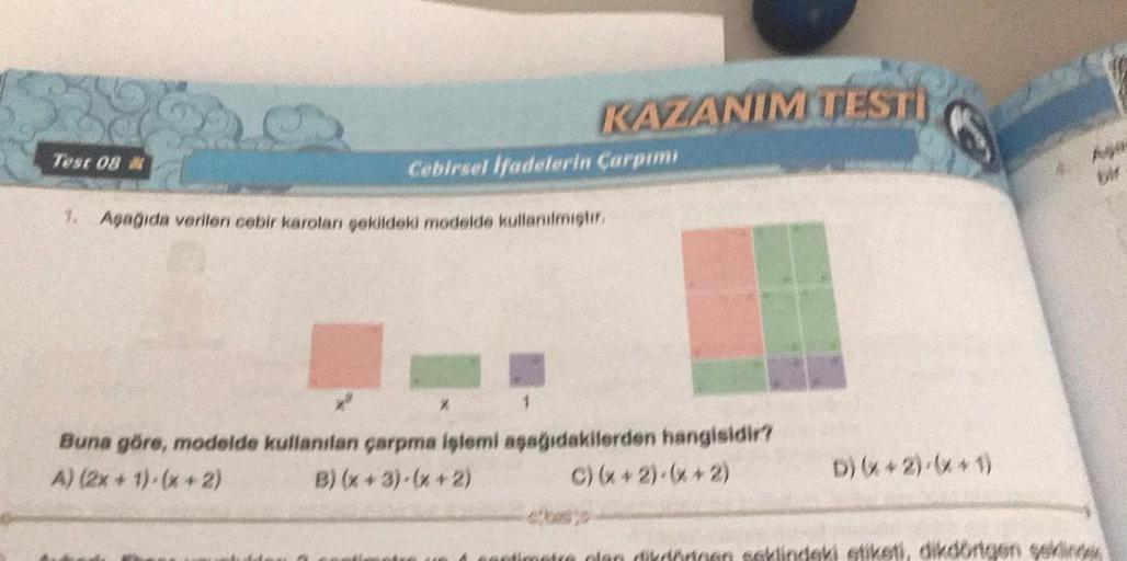 Test 08
KAZANIM TESTI
Cebirsel Ifadelerin Çarpımı
1. Aşağıda verilen cebir karoları şekildeki modelde kullanılmıştır.
Buna göre, modelde kullanılan çarpma işlemi aşağıdakilerden hangisidir?
B) (x+3)-(x+2)
A) (2x + 1)-(x + 2)
C) (x+2)-(x+2)
D) (x+2)/(x+1)