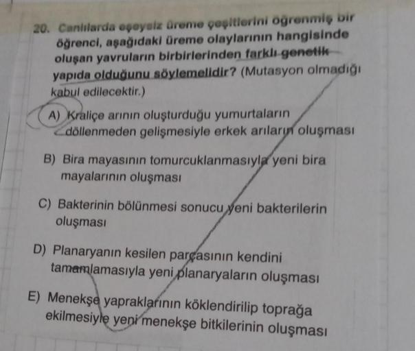 20. Canlılarda eşçeysiz üreme çeşitlerini öğrenmiş bir
öğrenci, aşağıdaki üreme olaylarının hangisinde
oluşan yavruların birbirlerinden farklı genetik
yapıda olduğunu söylemelidir? (Mutasyon olmadığı
kabul edilecektir.)
A) Kraliçe arının oluşturduğu yumurt