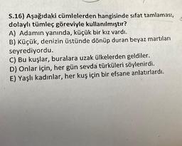 S.16) Aşağıdaki cümlelerden hangisinde sıfat tamlaması,
dolaylı tümleç göreviyle kullanılmıştır?
A) Adamın yanında, küçük bir kız vardı.
B) Küçük, denizin üstünde dönüp duran beyaz martıları
seyrediyordu.
C) Bu kuşlar, buralara uzak ülkelerden geldiler.
D) Onlar için, her gün sevda türküleri söylenirdi.
E) Yaşlı kadınlar, her kuş için bir efsane anlatırlardı.