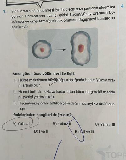 1.
Bir hücrenin bölünebilmesi için hücrede bazı şartların oluşması
gerekir. Hormonların uyarıcı etkisi, hacim/yüzey oranının bo-
zulması ve sitoplazma/çekirdek oranının değişmesi bunlardan
bazılarıdır.
0
Buna göre hücre bölünmesi ile ilgili,
1. Hücre maksi