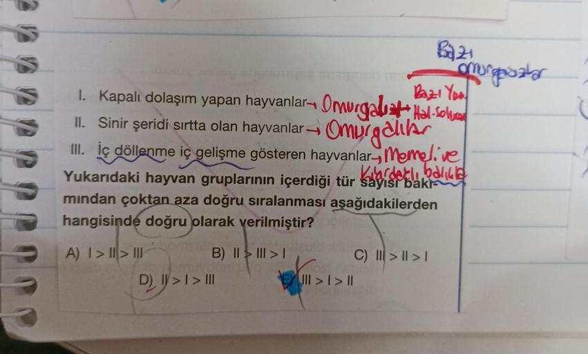 A) I >> III
Bazı You
1.
I. Kapalı dolaşım yapan hayvanlar Omurgalt Hal- Sollies
II. Sinir şeridi sırtta olan hayvanlar-Omurgal
III. İç döllenme iç gelişme gösteren hayvanlar, Memelive
Yukarıdaki hayvan gruplarının içerdiği tür sayısı bakı
balick
mından çok