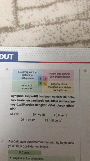 DUT
6.
Gelişmiş sindirim
sistemine
sahip olma
Heterotrof
beslenme
11
III IV
B) I ve III
D) III ve IV
Hücre dışı sindirim
gerçekleştirebilme
Ayrıştırıcı (saprofit) beslenen canlılar ile holo-
zoik beslenen canlılarda tablodaki numaralan-
mış özelliklerden h