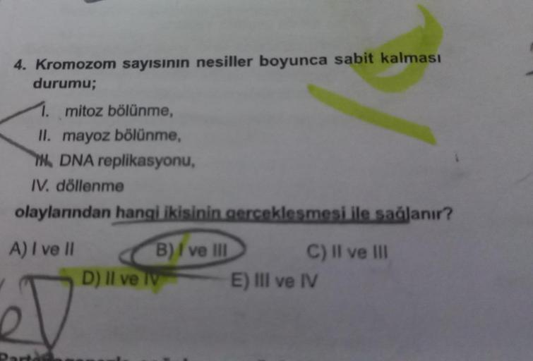 4. Kromozom sayısının nesiller boyunca sabit kalması
durumu;
1. mitoz bölünme,
II. mayoz bölünme,
TH, DNA replikasyonu,
IV. döllenme
olaylarından hangi ikisinin gerçekleşmesi ile sağlanır?
A) I ve II
B) I ve III
C) II ve III
D) Il ve Iv
E) III ve IV