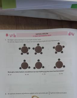 B
1. Bir düğün salonunda beşer ve üçer kişilik masalar vardır.
Bu salonda düğüne katılan 315 kişinin bir kısmı için beşer kişilik 40 masa hazırlanmıştır.
SAYISAL BÖLÜM
5. SINIF MATEMATİK TESTİ
Buna göre, kalan kişilerin oturabilmesi için üçer kişilik en az kaç masa hazırlanmalıdır?
A) 37
B) 38
C) 39
D) 40
2. Bir eşit kollu terazinin sağ kefesine aşağıda verilen görseldeki gibi 13 kg'lık bir kütle konmuştur.
8