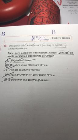 B
B
- Türkiye Geneli
K
15. Omurgalılar balık, kurbağa, sürüngen, kuş ve memeli
sınıflarından oluşur.
Karması
Buna göre aşağıdaki özelliklerden hangisi yalnızca bir
sınıfta görülürken diğerlerinde görülmez?
A) Soğukkanlı olması
B) Boşaltım ürünü olarak üre atması
C) Akciğer solunumu yapması
D) Olgun alyuvarlarının çekirdeksiz olması
Elç döllenme, dış gelişme görülmesi