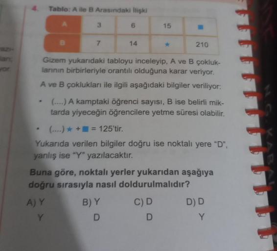 azi-
lan;
wor
Tablo: A ile B Arasındaki İlişki
.
3
6
14
Gizem yukarıdaki tabloyu inceleyip, A ve B çokluk-
larının birbirleriyle orantılı olduğuna karar veriyor.
A ve B çoklukları ile ilgili aşağıdaki bilgiler veriliyor:
(....) A kamptaki öğrenci sayısı, B