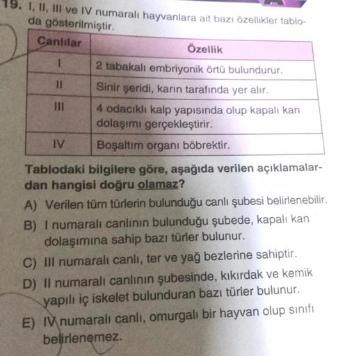 I, II, III ve IV numaralı hayvanlara ait bazı özellikler tablo-
da gösterilmiştir.
Canlılar
1
11
IV
Özellik
2 tabakalı embriyonik örtü bulundurur.
Sinir şeridi, karın tarafında yer alır.
4 odacıklı kalp yapısında olup kapalı kan
dolaşımı gerçekleştirir.
Bo