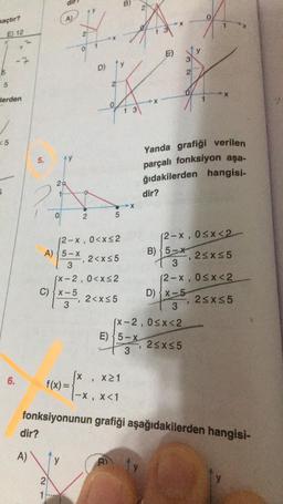 kaçtır?
E) 12
5
5
lerden
<5
5
6.
2
5.
dir?
A)
di
AY
29
2
1
A) 5-x
3
C) x-5
3 '
0
(2-x,
62
y
0<x≤2
2<x≤5
(x-2, 0<x≤2
3
X
f(x) = {x₁
1
D)
2<x≤5
5
9
X≥1
-X, X<1
B)
2
A
A.
3
RI
13
X
E) 5-x
3
X
Yanda grafiği verilen
parçalı fonksiyon aşa-
ğıdakilerden hangisi-
dir?
(2-x, 0≤x<2
2≤x≤5
B) 5-x
13
(x-2, 0≤x<2
2≤x≤5
1
D) x-5
T 3
fonksiyonunun grafiği aşağıdakilerden hangisi-
3
(2-x, 0≤x<2
2≤x≤5