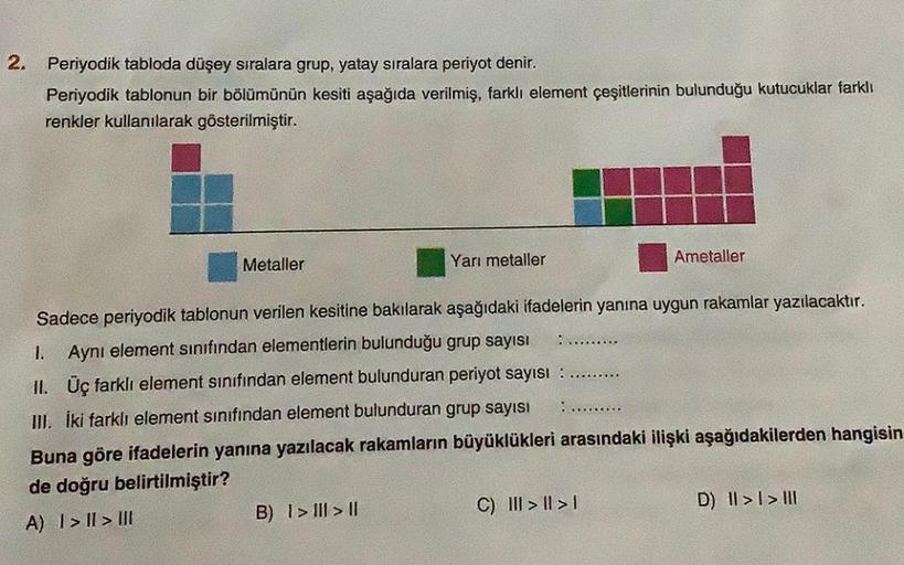 2. Periyodik tabloda düşey sıralara grup, yatay sıralara periyot denir.
Periyodik tablonun bir bölümünün kesiti aşağıda verilmiş, farklı element çeşitlerinin bulunduğu kutucuklar farklı
renkler kullanılarak gösterilmiştir.
Metaller
Yarı metaller
B) 1>III >