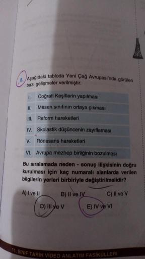 8. Aşağıdaki tabloda Yeni Çağ Avrupası'nda görülen
bazı gelişmeler verilmiştir.
1.
Coğrafi Keşiflerin yapılması
Mesen sinifinin ortaya çıkması
11.
III. Reform hareketleri
IV. Skolastik düşüncenin zayıflaması
V. Rönesans hareketleri
VI. Avrupa mezhep birliğ