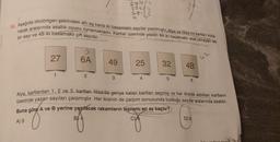 12. Aşağıda dikdörtgen şeklindeki altı eş karta iki basamaklı sayılar yazılmıştır. Alya ve Nisa bu kartları kulla-
narak aralarında asallık oyunu oynamaktadır. Kartlar üzerinde yazan 6A iki basamaklı asal olmayan tek
bir sayı ve 4B iki basamaklı çift sayıdır.
27
1
3
6A
2
49
274/2
27212
2713
3
25
4
32
5
4B
6
Alya, kartlardan 1, 2 ve 3. kartları Nisa'da geriye kalan kartları seçmiş ve her ikiside aldıkları kartların
üzerinde yazan sayıları çarpmıştır. Her ikisinin de çarpım sonucunda bulduğu sayılar aralarında asaldır.
Buna göre A ve B yerine yazılacak rakamların toplamı en az kaçtır?
B 4
A) 3
D) 9