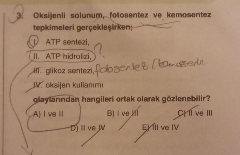 3. Oksijenli solunum, fotosentez ve kemosentez
tepkimeleri gerçekleşirken;
ATP sentezi,
n
II. ATP hidrolizi,
HT. glikoz sentezi, fobsenler (komoszede
IV. oksijen kullanımı
olaylarından hangileri ortak olarak gözlenebilir?
A) I ve II
B) I ve HI
CY1I ve III
