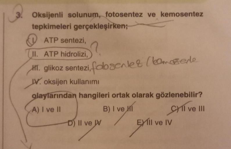 3. Oksijenli solunum, fotosentez ve kemosentez
tepkimeleri gerçekleşirken;
ATP sentezi,
n
II. ATP hidrolizi,
HT. glikoz sentezi, fobsenler (komoszede
IV. oksijen kullanımı
olaylarından hangileri ortak olarak gözlenebilir?
A) I ve II
B) I ve HI
CY1I ve III
