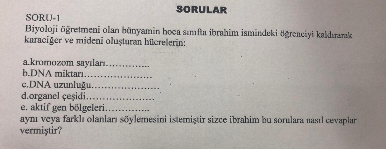 SORULAR
SORU-1
Biyoloji öğretmeni olan bünyamin hoca sınıfta ibrahim ismindeki öğrenciyi kaldırarak
karaciğer ve mideni oluşturan hücrelerin:
a.kromozom sayıları.......
b.DNA miktarı....
c.DNA uzunluğu....
d.organel çeşidi..
e. aktif gen
bölgeleri.........