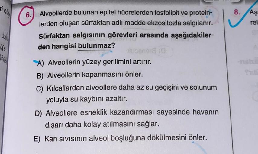 olay
bill
tre
6. Alveollerde bulunan epitel hücrelerden fosfolipit ve protein-
lerden oluşan sürfaktan adlı madde ekzositozla salgılanır.
Sürfaktan salgısının görevleri arasında aşağıdakiler-
den hangisi bulunmaz?
Aucanora (0
A) Alveollerin yüzey gerilimin