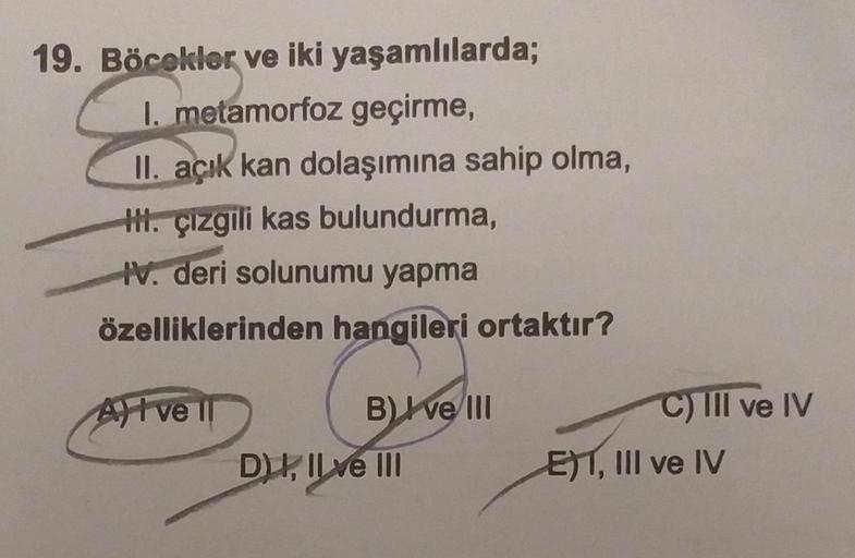 19. Böcekler ve iki yaşamlılarda;
I. metamorfoz geçirme,
II. açık kan dolaşımına sahip olma,
H. çizgili kas bulundurma,
IV. deri solunumu yapma
özelliklerinden hangileri ortaktır?
Alt vell
B) ve III
D) I, II ve III
C) III ve IV
E), III ve IV