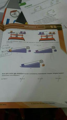 X=24
22
Y=2+Y
2=3Y
4
OZDEMIR
ENI TARZ
BASIT MAKİNELER-5
X Yvo 2 cisimien es kollu tarazide paildeki gibi dengaieron
BPKY
Düşey kesiti ve boyutlan aşağıda verilen eğik düzlemiers bu cisimler bir makars yardmyla yeregtic serbs
birakiliyorlar.
X>Z>Y
h
Buna göre verilen eğik düzlemlerle kurulan numaralanmış düzeneklerden
(Sürtünmeler ihmal edilecektir.)
A) Yalnız !
B) ve II
Y
EF
C) I ve
angh
gileri dengede kalabilir?
8. Sinif Fen Bilimlen Soru Bankası
Dil ve