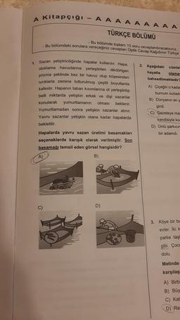 A Kitapçığı - A AAAAAAAA
TÜRKÇE BÖLÜMÜ
-Bu bölümde toplam 15 soru cevaplandıracaksınız.
- Bu bölümdeki sorulara vereceğiniz cevapları Optik Cevap Kağıdının Türkçe
1.
Sazan yetiştiriciliğinde hapalar kullanılır. Hapa,
stoklama havuzlarına yerleştirilen dikdörtgen
prizma şeklinde bez bir havuz olup köşesinden
sırıklarla zemine tutturulmuş çeşitli boyutlarda
kafestir. Hapanın taban kısımlarına ot yerleştirilip
belli miktarda yetişkin erkek ve dişi sazanlar
konularak yumurtlamanın olması beklenir.
Yumurtlamadan sonra yetişkin sazanlar alınır.
Yavru sazanlar yetişkin olana kadar hapalarda
bekletilir.
Hapalarda yavru sazan üretimi basamakları
seçeneklerde karışık olarak verilmiştir. Son
basamağı temsil eden görsel hangisidir?
B)
A)
D)
2. Aşağıdaki cümlel
hayatta olamay
bahsedilmektedir?
A) Çiçeğin o kada
burnum sızladı
B) Dünyanın en y
girdi.
C) Gazeteye ma
kendisiyle kon
D) Ünlü şarkıcı
bir adamdı.
3. Köye bir bu
evler. Iki k
parke taşl
gibi. Çocu
dolu.
Metinde
karşılaş
A) Birbi
B) Büy
C) Kat
D) Re