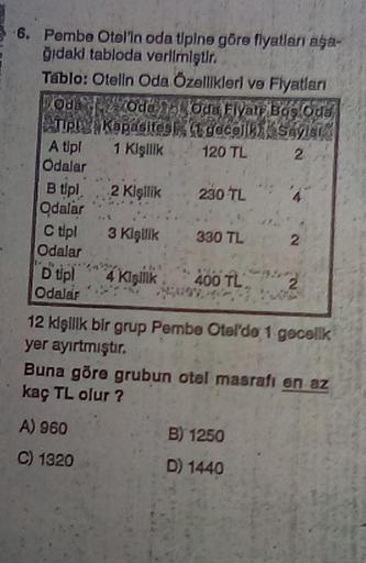 6. Pembe Otel'in oda tipine göre fiyatları aşa-
ğıdaki tabloda verilmiştir.
Tablo: Otelin Oda Özellikleri ve Fiyatları
Oda
Tip!
A tipl
Odalar
B tipl
Odalar
C tipl
Odalar
D tipl
Odalar
Ode To Oda Fiyate Bos Oda
(1 geceliki, Savisi
120 TL
2
Kapasites
1 Kişil