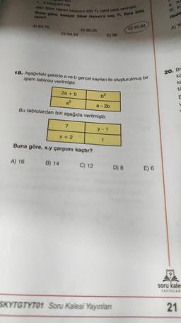 3 kilogram nar
alan Sibel Hanım kasiyere 200 TL nakit para vermiştir.
Buna göre, kasiyer Sibel Hanım'a kaç TL. Para üstü
verir?
A) 84,75
D) 94,50
2a + b
a²
B) 90,25
18. Aşağıdaki şekilde a ve b gerçel sayıları ile oluşturulmuş bir
işlem tablosu verilmiştir.
7
X+2
E) 96
Bu tablolardan biri aşağıda verilmiştir.
Buna göre, x.y çarpımı kaçtır?
A) 16 B) 14
C) 12
a-2b
y-1
1
SKYTGTYT01 Soru Kalesi Yayınları
C) 93,50
D) 8
E) 6
a.
11.
III. b.
ifade
A) YE
20. Bi
ka
ka
ta
soru kale
YAYINLAR
21