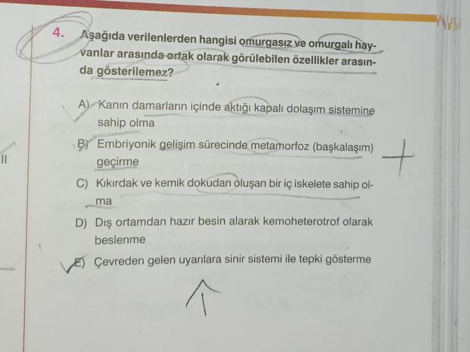 ||
4.
Aşağıda verilenlerden hangisi omurgasız ve omurgalı hay-
vanlar arasında ortak olarak görülebilen özellikler arasın-
da gösterilemez?
REFERS
ESPONJAKAN
A) Kanın damarların içinde aktığı kapalı dolaşım sistemine
sahip olma
ma
B Embriyonik gelişim süre