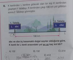 4. K kentinden L kentine gidecek olan bir kişi K kentinden
çıkarken 1. tabolayı, K kentinden çıkıp 198 km yol gittikten
sonra 2. tabelayı görmüştür.
1. Tabela
L abc
K
IX 1
198 km
abc ve cba üç basamaklı doğal sayılar olduğuna göre,
K kenti ile L kenti arasındaki yol en az kaç km'dir?
A) 102
D) 301
990-990
B) 132
2. Tabela
L cha
E) 412
abc
C) 214
Joo