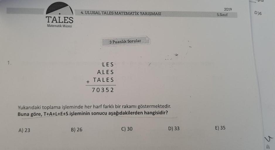 1.
TALES
Matematik Müzesi
A) 23
4. ULUSAL TALES MATEMATİK YARIŞMASI
+
B) 26
3 Puanlık Sorular
Yukarıdaki toplama işleminde her harf farklı bir rakamı göstermektedir.
Buna göre, T+A+L+E+S işleminin sonucu aşağıdakilerden hangisidir?
LES
ALES
TALES
70352
C) 