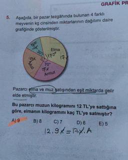 5. Aşağıda, bir pazar tezgâhında bulunan 4 farklı
meyvenin kg cinsinden miktarlarının dağılımı daire
grafiğinde gösterilmiştir.
Muz
9-
Elma
30%
8011700
70°
Armut
GRAFIK PR
Pazarcı elma ve muz satışından eşit miktarda gelir
elde etmiştir.
Bu pazarcı muzun kilogramını 12 TL'ye sattığına
göre, elmanın kilogramını kaç TL'ye satmıştır?
A) 9
B) 8
D) 6
E) 5
C) 7
12.9×=17X. A