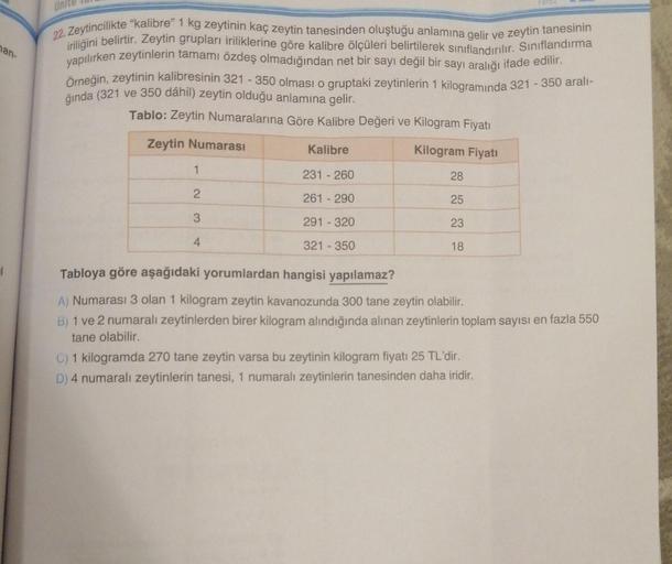 man-
22. Zeytincilikte "kalibre" 1 kg zeytinin kaç zeytin tanesinden oluştuğu anlamına gelir ve zeytin tanesinin
iriliğini belirtir. Zeytin grupları iriliklerine göre kalibre ölçüleri belirtilerek sınıflandırılır. Sınıflandırma
yapılırken zeytinlerin tamam