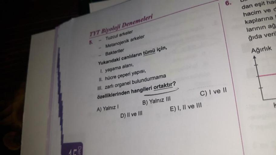 TYT Biyoloji Denemeleri
5.
Tuzcul arkeler
Metanojenik arkeler
- Bakteriler
Yukarıdaki canlıların tümü için,
I. yaşama alanı,
II. hücre çeperi yapısı,
III. zarlı organel bulundurmama
özelliklerinden hangileri ortaktır?
A) Yalnız I
B) Yalnız III
D) II ve III