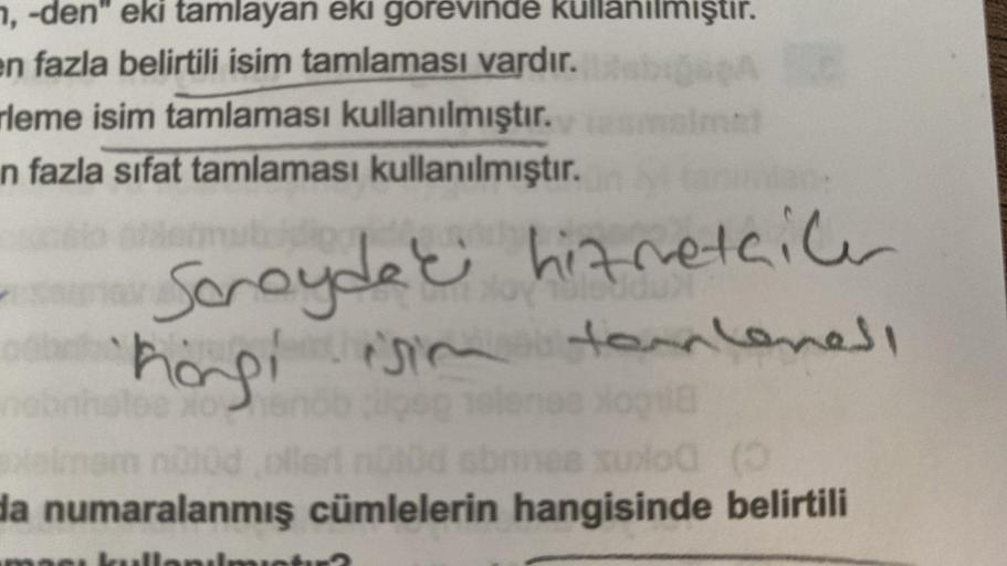 , -den" eki tamlayan eki görevinde kullanilmiştir.
en fazla belirtili isim tamlaması vardır. Diabığsp
rleme isim tamlaması kullanılmıştır.
in fazla sifat tamlaması kullanılmıştır.
Scroydek hizmetailer
`'hongi isim templenes
toa xohenőbilgog
olenes logi
axa