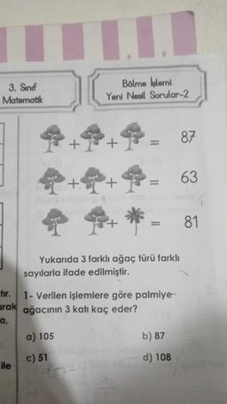 3. Sınıf
Matematik
I
ile
+
Bölme işlemi
Yeni Nesil Sorular-2
+1
a) 105
c) 51
++
+
Yukarıda 3 farklı ağaç türü farklı
sayılarla ifade edilmiştir.
tır.
1- Verilen işlemlere göre palmiye-
arak ağacının 3 katı kaç eder?
a,
b) 87
d) 108
87
63
81