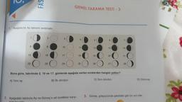 2
1. Aşağıda bir Ay takvimi verilmiştir.
8
15
FAS
22
9
16
23
10
17
24
GENEL TARAMA TESTİ - 3
11
2. Aşağıdaki tabloda Ay ve Güneş'e ait özellikler karşı
18
25
12
19
26
6
13
20
27
Buna göre, takvimde 2, 10 ve 17. günlerde aşağıda verilen evrelerden hangisi yoktur?
C) Son dördün
B) ilk dördün
A) Yeni ay
14
21
28
D) Dolunay
3. Güneş, gökyüzünde şekildeki gibi bir yol izler.