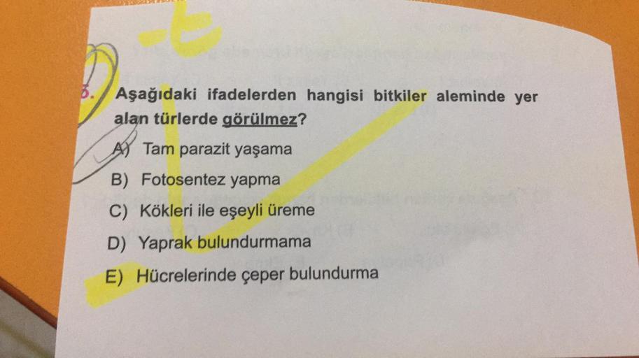 6.
Aşağıdaki ifadelerden hangisi bitkiler aleminde yer
alan türlerde görülmez?
A Tam parazit yaşama
B) Fotosentez yapma
C) Kökleri ile eşeyli üreme
D) Yaprak bulundurmama
E) Hücrelerinde çeper bulundurma