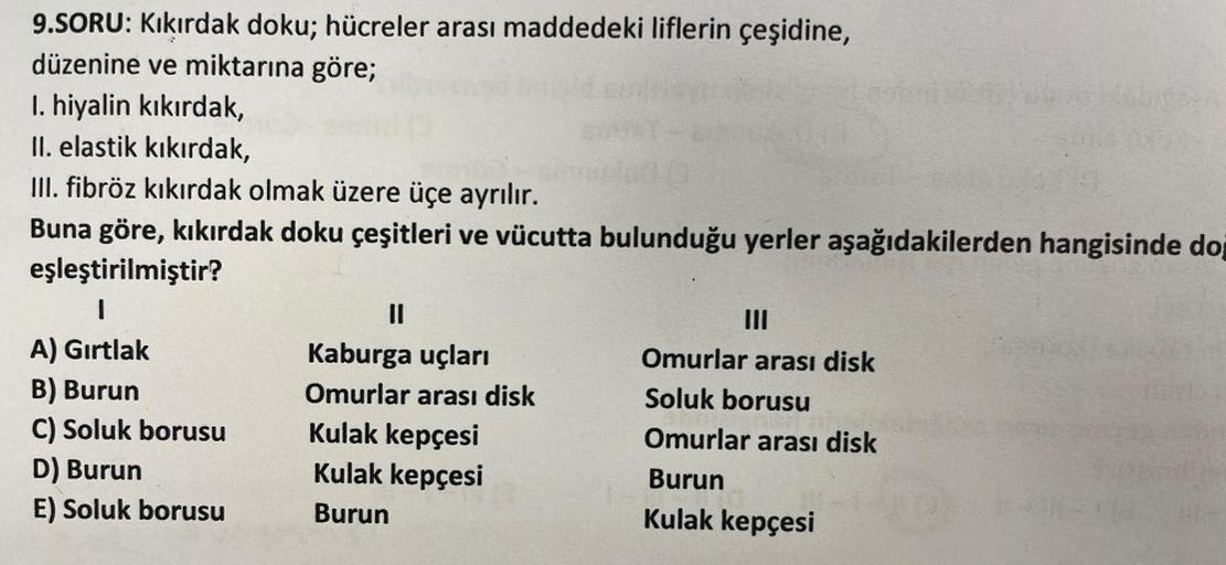 9.SORU: Kıkırdak doku; hücreler arası maddedeki liflerin çeşidine,
düzenine ve miktarına göre;
I. hiyalin kıkırdak,
II. elastik kıkırdak,
III. fibröz kıkırdak olmak üzere üçe ayrılır.
Buna göre, kıkırdak doku çeşitleri ve vücutta bulunduğu yerler aşağıdaki