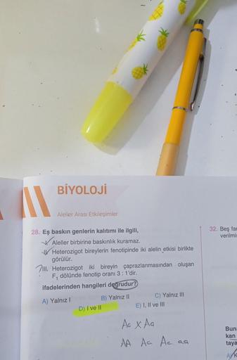 A
BİYOLOJİ
Aleller Arası Etkileşimler
28. Eş baskın genlerin kalıtımı ile ilgili,
Aleller birbirine baskınlık kuramaz.
Heterozigot bireylerin fenotipinde iki alelin etkisi birlikte
görülür.
III. Heterozigot iki bireyin çaprazlanmasından oluşan
F₁ dölünde f