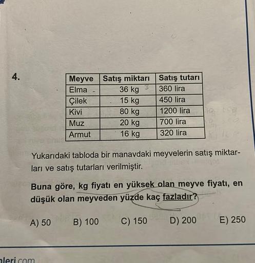 4.
Meyve Satış miktarı
3
Elma
36 kg
15 kg
80 kg
20 kg
16 kg
Çilek
Kivi
Muz
Armut
leri.com
Yukarıdaki tabloda bir manavdaki meyvelerin satış miktar-
ları ve satış tutarları verilmiştir.
Satış tutarı
360 lira
450 lira
1200 lira
700 lira
320 lira
Buna göre, k